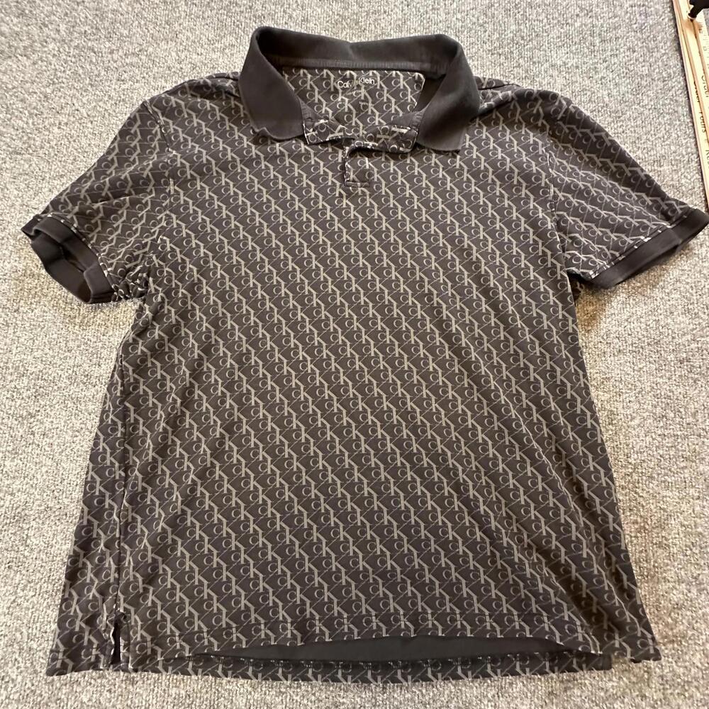 Calvin Klein Liquid Touch Polo Shirt Mens Large Black Monogram Logo Cotton 43
